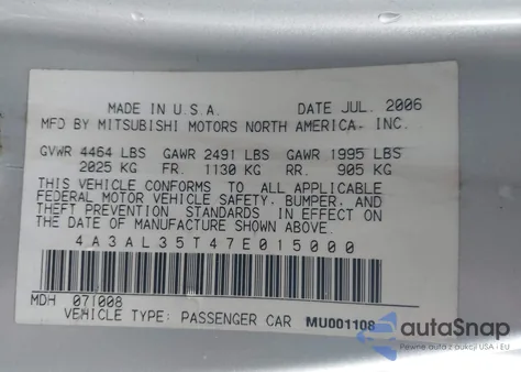 2007 Mitsubishi Eclipse Spyder Gt z USA, uszkodzony, nr VIN 4A3AL35T47E015000